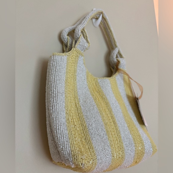 VIRAL BEADED BAG - Yellow and White Striped Small Tote Bag - NWT Rare Find - Picture 3 of 3